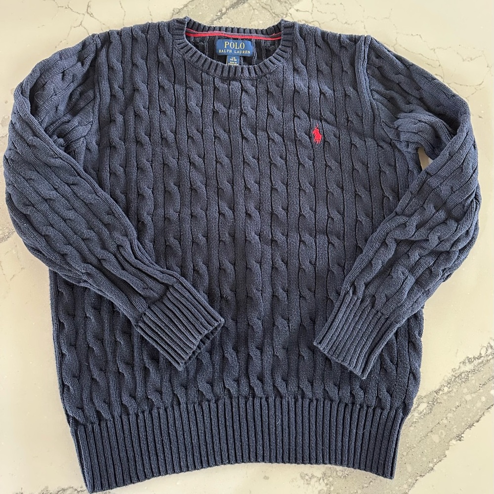 Boys Polo by Ralph Lauren Blue Crewneck Sweater Cable Knit Classic L
